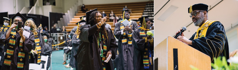 Two photos: 1. Students at graduation; 2. President Pinkard speaks from podium during graduation