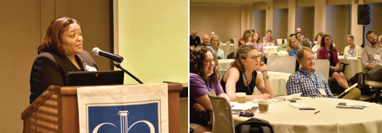 Two photos: 1. Speaker at podium; 2. participants seated at roundtables
