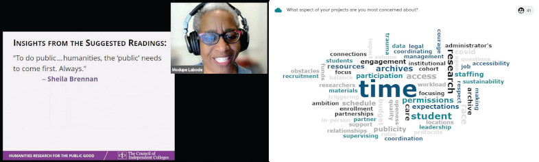 Two photos: 1. Speaker on Zoom with screen share; 2. Word cloud