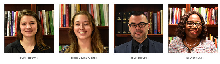 Headshots of Faith Brown, Emilee Jane O'Dell, Jason Rivera, and Titi Ufomata