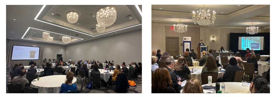 2 photos of presenters speaking to a room of seated participants