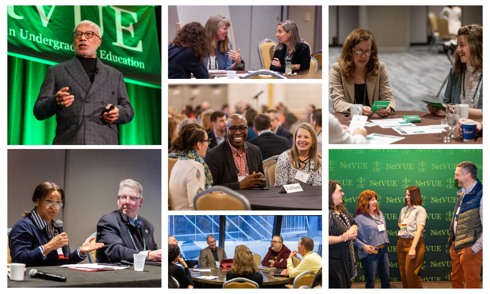 A collage of images from the 2024 NetVUE national conference, featuring speakers, participants gathered at tables or chatting.