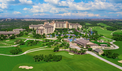 Aerial view of San Antonio JW Marriott Resort with golf course and pools