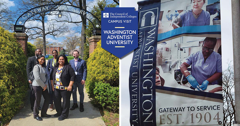 Five CIC staff stand outside in front of campus gateway