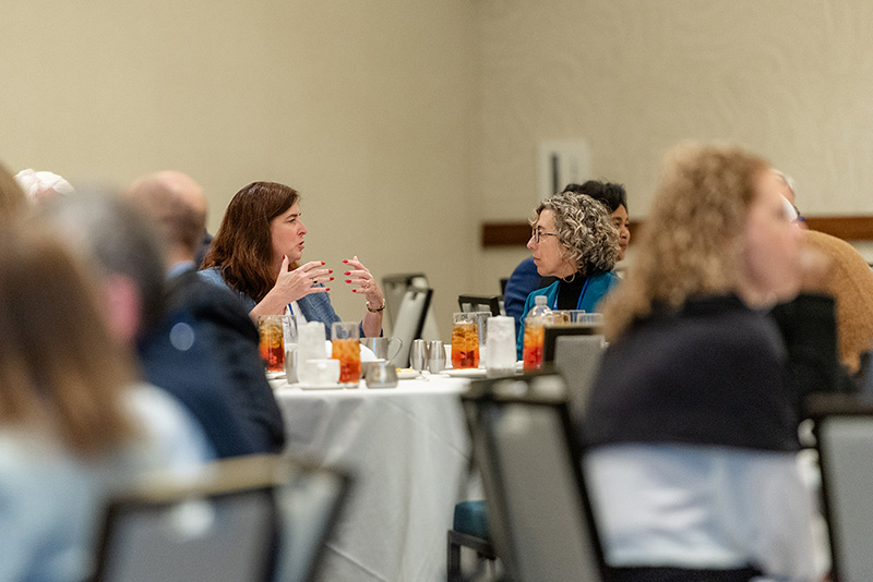 Participants speak to one another seated at roundtables