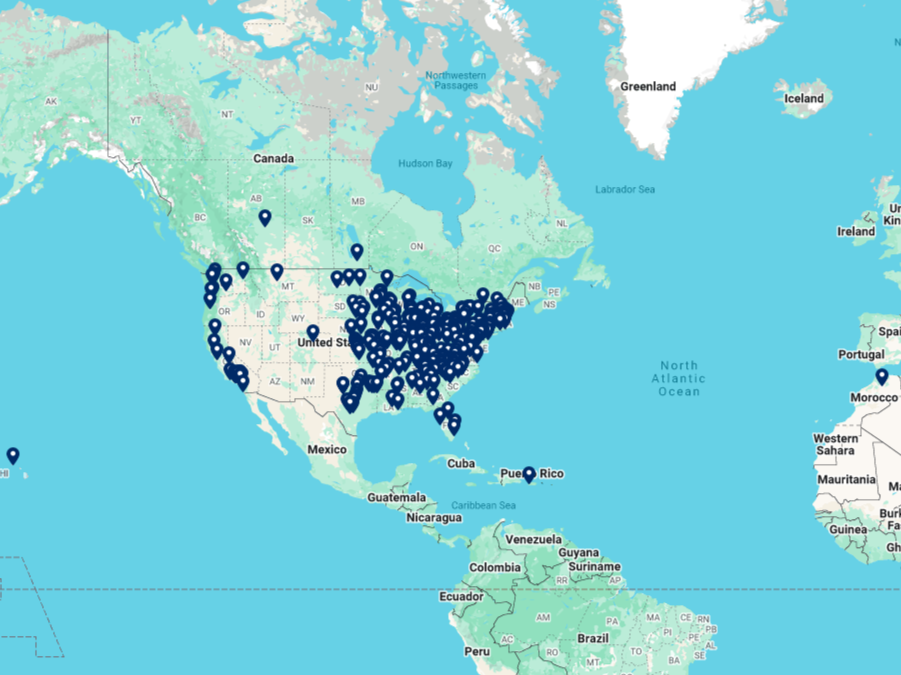 A screenshot of a map displaying NetVUE member locations.
