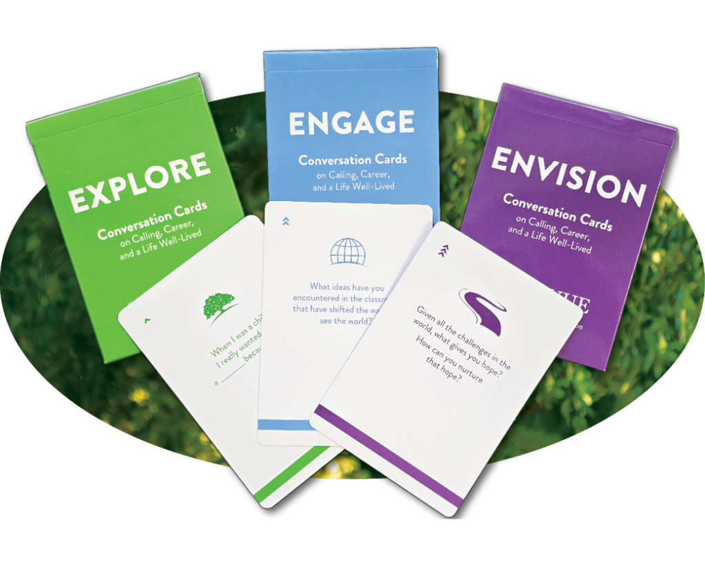 The Explore, Engage, and Envision decks alongside example cards.