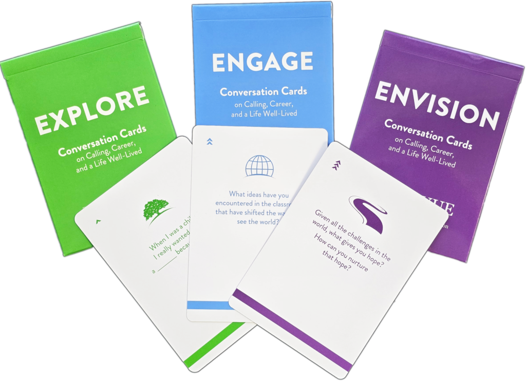 All three NetVUE Conversation Card decks: Explore, Engage, and Envision.