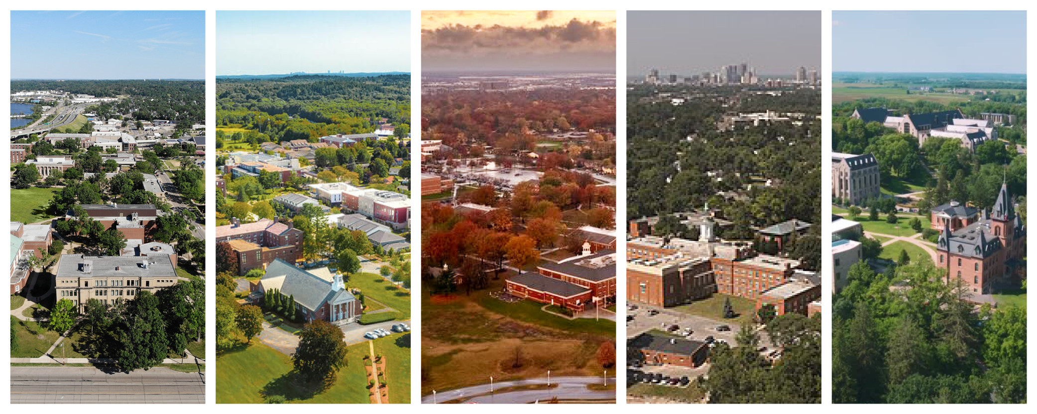 Collage of five college campuses: Coe College, Merrimack College, MidAmerica Nazarene University, Ohio Dominican University, and St. Olaf College.